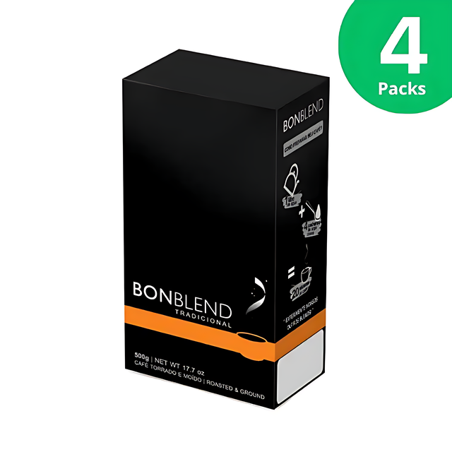 عبوة من 4 حبات Bonblend قهوة تقليدية محمصة ومطحون - 4 × 500 جرام (17.7 أونصة) - قهوة Brazilian Arabica