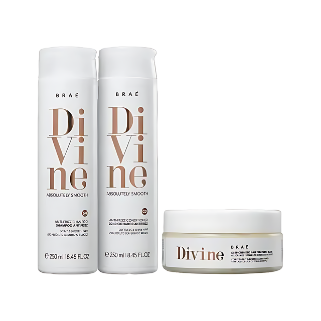 Braé Divine Home Care Kit: 250ml Shampoo, 250ml Conditioner, 200g Mask for frizz-free, soft, and hydrated hair – Buy now at MKPBR.COM – Worldwide Shipping