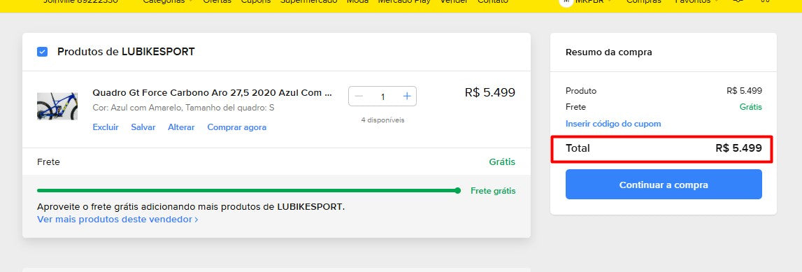 Personal Shopper | Comprar desde Brasil - Quadro Gt Force Carbono Aro 27,5 2020 Azul Con Amarillo - 1 artículo - DDP