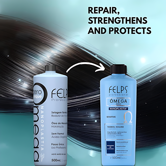  Felps Professional Omega Zero Nanoplastia Sensitive Hair Smoothing Treatment – Volume Reduction, Hair Alignment, Shine & Softness – 16.9 oz (500 ml) or 33.8 oz (1 L) authentic Brazilian salon haircare – Buy now at MKPBR.COM – Worldwide Shipping