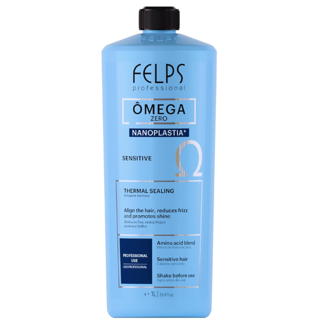 Felps Professional Omega Zero Nanoplastia Sensitive Hair Smoothing Treatment – Volume Reduction, Hair Alignment, Shine & Softness – 16.9 oz (500 ml) or 33.8 oz (1 L) back label ingredients – Buy now at MKPBR.COM – Worldwide Shipping