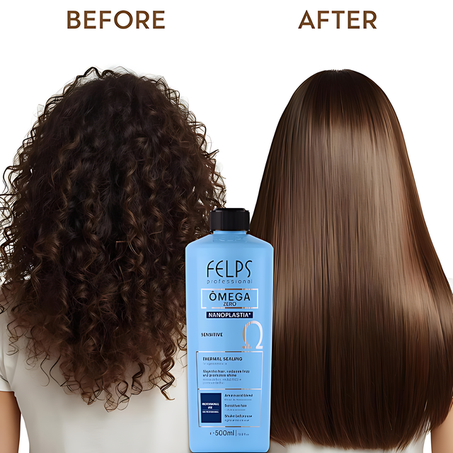 Felps Professional Omega Zero Nanoplastia Sensitive Hair Smoothing Treatment – Volume Reduction, Hair Alignment, Shine & Softness – 16.9 oz (500 ml) or 33.8 oz (1 L) closeup hair shine and movement – Buy now at MKPBR.COM – Worldwide Shipping