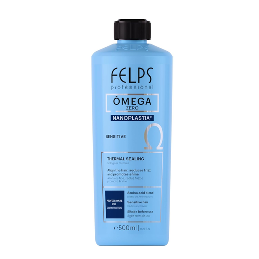 Felps Professional Omega Zero Nanoplastia Sensitive Hair Smoothing Treatment – Volume Reduction, Hair Alignment, Shine & Softness – 16.9 oz (500 ml) or 33.8 oz (1 L) front packaging – Buy now at MKPBR.COM – Worldwide Shipping