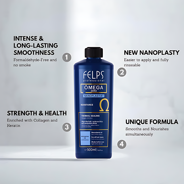 Felps Professional Omega Zero Resistance Nanoplastia Hair Smoothing Treatment – Formaldehyde-Free, Shine & Frizz Control – 16.9 oz (500 ml) or 33.8 oz (1 L) keratin and collagen nourishing support – Buy now at MKPBR.COM – Worldwide Shipping