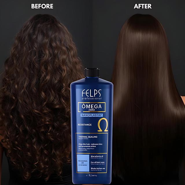 Felps Professional Omega Zero Resistance Nanoplastia Hair Smoothing Treatment – Formaldehyde-Free, Shine & Frizz Control – 16.9 oz (500 ml) or 33.8 oz (1 L) salon application process – Buy now at MKPBR.COM – Worldwide Shipping