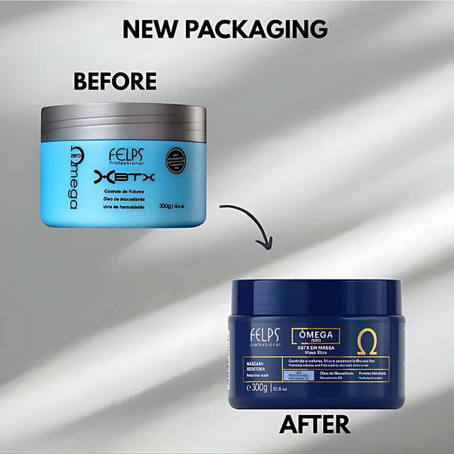 Felps Professional XBTX Ômega Zero Organic Hair Smoothing Treatment – Volume Reduction, Frizz Control, Hydration & Shine – 10.58 oz (300 g) or 2.2 lb (1 kg) size options 300 g and 1 kg – Buy now at MKPBR.COM – Worldwide Shipping