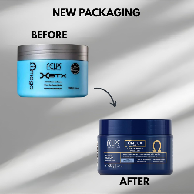 Felps Professional XBTX Ômega Zero Organic Hair Smoothing Treatment – Volume Reduction, Frizz Control, Hydration & Shine – 10.58 oz (300 g) or 2.2 lb (1 kg) size options 300 g and 1 kg – Buy now at MKPBR.COM – Worldwide Shipping