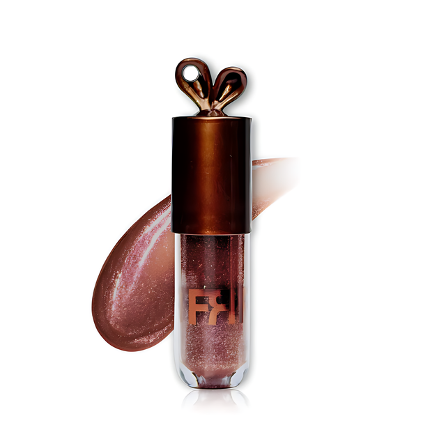 Fran by Franciny Ehlke Lip Bunny Chocolate Brown Shimmer Lip Gloss, Vinyl Shine & Hydration – 0.18 oz (5 g) gloss swatch showing mirror texture – Buy now at MKPBR.COM – Worldwide Shipping
