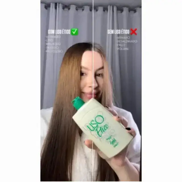 Woman show the results with Gold Spell Co. Liso Etico Before and After Hair Transformation for Frizz - Buy now at MKPBR.COM - Worldwide Shipping