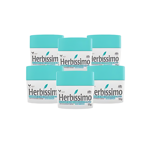 6-Pack Herbíssimo Unscented Neutral Antiperspirant Cream Deodorant – 6 Units for 48H Protection, 1.94 oz (55 g) Each