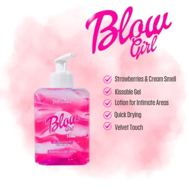 Hotflowers Blow Girl Intimate Aromatic Gel Strawberry & Cream 320ml – Product shot of the clear bottle with vibrant pink and white swirled gel, set against a pink cloud, features explained – Buy now at MKPBR.COM – Worldwide Shipping.