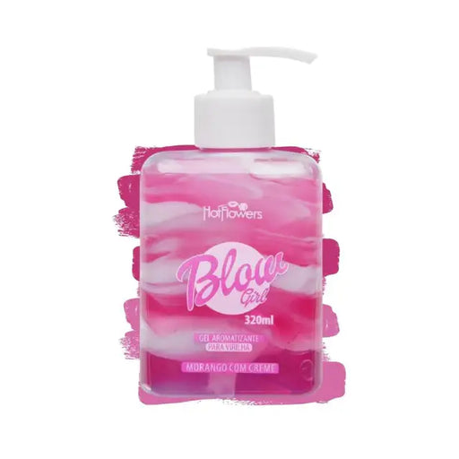 Hotflowers Blow Girl Intimate Aromatic Gel Strawberry & Cream 320ml – Product shot of the clear bottle with vibrant pink and white swirled gel, set against a clean white background with decorative pink brush strokes – Buy now at MKPBR.COM – Worldwide Shipping.