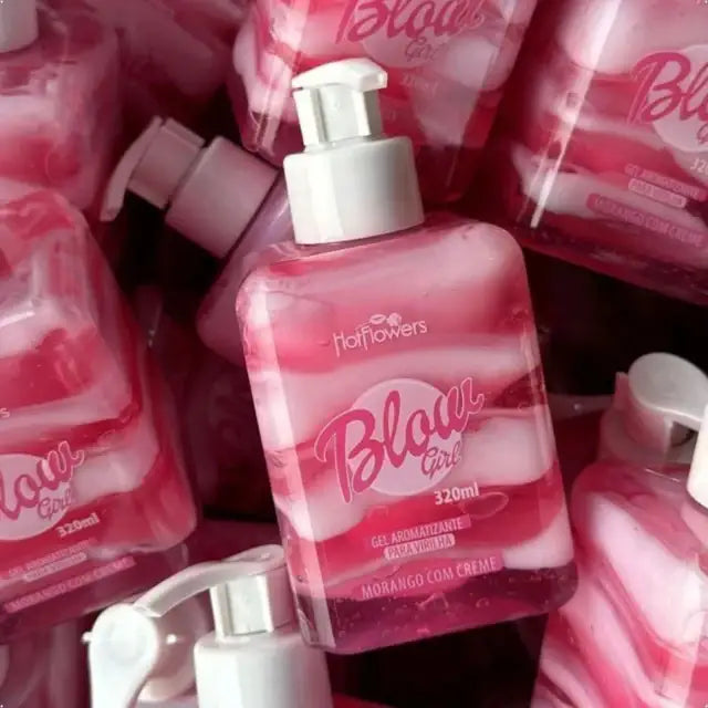Hotflowers Blow Girl Intimate Aromatic Gel Strawberry & Cream 320ml – A close-up view of multiple bottles, showcasing the appealing pink and white swirled texture of the intimate gel for enhanced visibility – Buy now at MKPBR.COM – Worldwide Shipping.