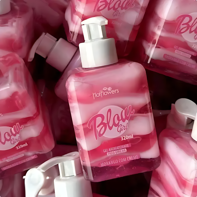 Hotflowers Blow Girl Intimate Aromatic Gel Strawberry & Cream 320ml – A close-up view of multiple bottles, showcasing the appealing pink and white swirled texture of the intimate gel for enhanced visibility – Buy now at MKPBR.COM – Worldwide Shipping.