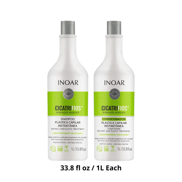 Kit de tratamiento capilar Inoar CicatriFios Champú y acondicionador (2 x 33,8 fl oz / 1 L) Tratamiento capilar instantáneo de plástico