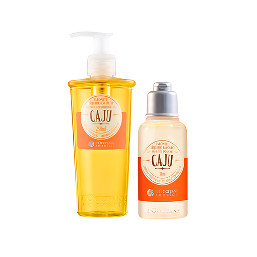 L'Occitane au Brésil Cashew Oil-to-Foam Liquid Soap both sizes flatlay presentation – Buy now at MKPBR.COM – Worldwide Shipping