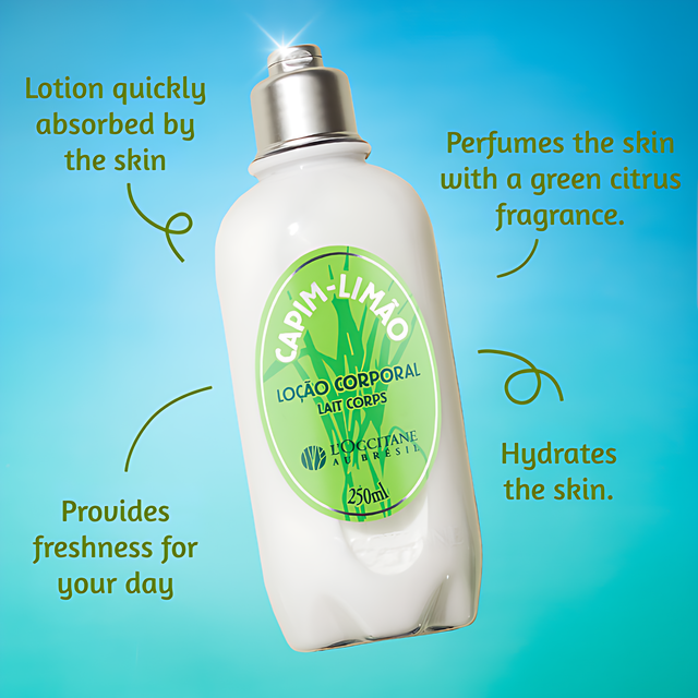 L'Occitane au Brésil Lemongrass Deodorant Body Lotion 8.45 fl oz (250 ml) as part of a daily freshness routine – Buy now at MKPBR.COM – Worldwide Shipping