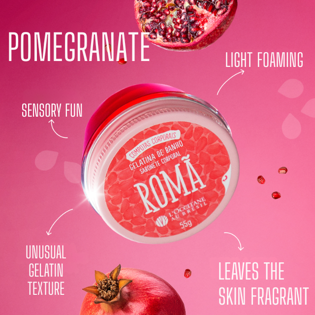 L’Occitane au Brésil Pomegranate Jelly Body Soap in Jar, Gentle Foaming Cleanse 1.94 oz (55 g) jar label ingredients panel – Buy now at MKPBR.COM – Worldwide Shipping