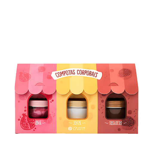 L'Occitane au Brésil "Receitas de Alegria" Mini Body Moisturizer Trio Set, 3 x 1.86 fl oz (55 ml each) front packaging – Buy now at MKPBR.COM – Worldwide Shipping