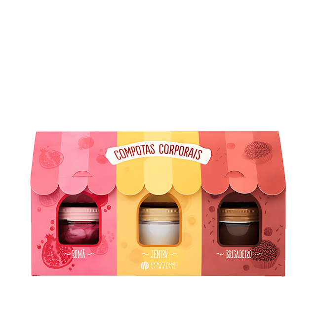 L'Occitane au Brésil "Receitas de Alegria" Mini Body Moisturizer Trio Set, 3 x 1.86 fl oz (55 ml each) front packaging – Buy now at MKPBR.COM – Worldwide Shipping