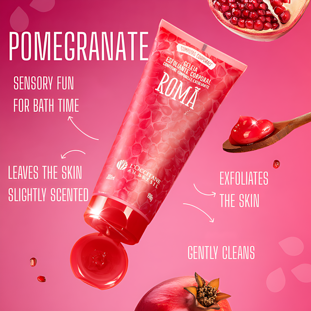 L'Occitane au Brésil Romã Pomegranate Exfoliating Body Jelly, Gentle Polish 6.76 fl oz flatlay beauty – Buy now at MKPBR.COM – Worldwide Shipping