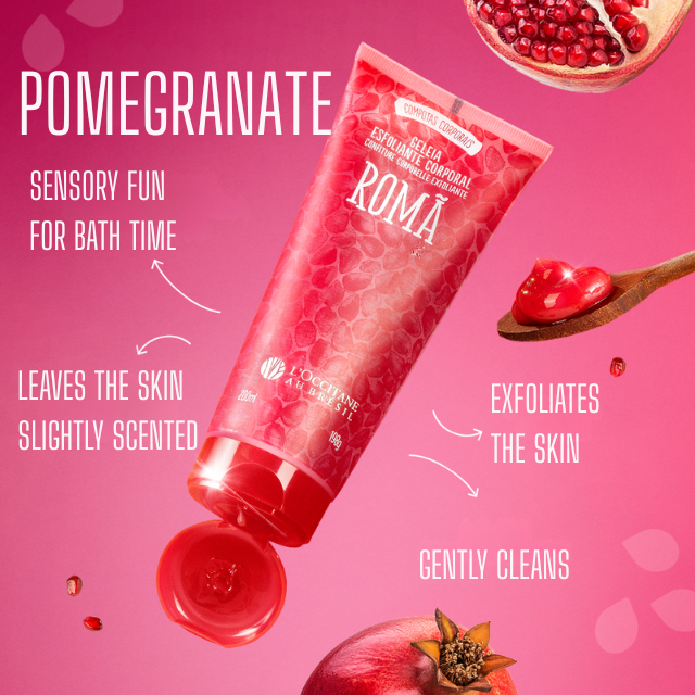 L’Occitane au Brésil Romã Pomegranate Exfoliating Body Jelly, Gentle Polish 6.76 fl oz (200 ml) flatlay with Brazilian beauty theme – Buy now at MKPBR.COM – Worldwide Shipping