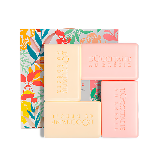 L'Occitane au Brésil Vivre Perfumed Soap Bar Set 4 Units (75g each) front box presentation – Buy now at MKPBR.COM – Worldwide Shipping