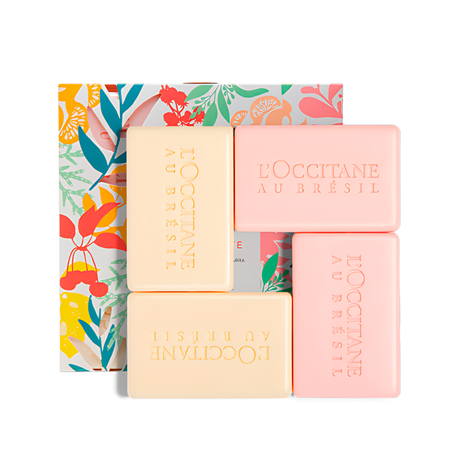 L'Occitane au Brésil Vivre Perfumed Soap Bar Set 4 Units (75g each) front box presentation – Buy now at MKPBR.COM – Worldwide Shipping