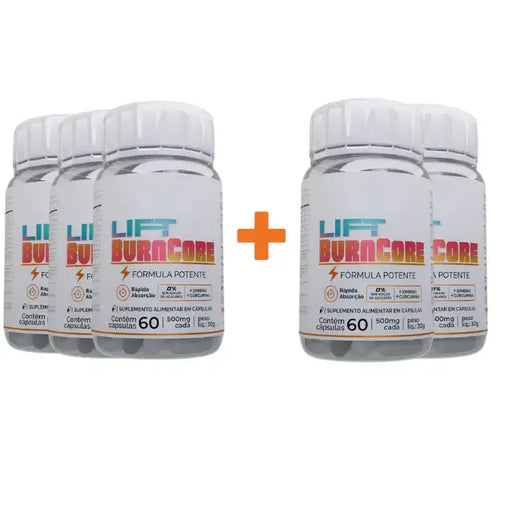 Promotional image for Lift BurnCore: Buy 3 Get 2 Free, providing 5 bottles for an extended program of natural weight loss, appetite control, and enhanced vitality – Buy now at MKPBR.COM – Worldwide Shipping
