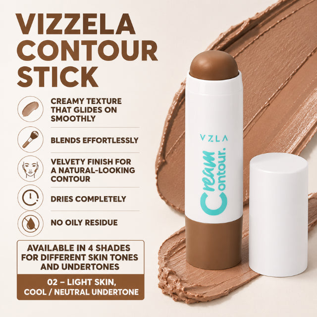 Vizzela Cream Contour Stick – 4 Shades, Velvety Finish, Easy Blend, Natural Depth