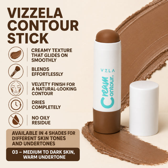 Vizzela Cream Contour Stick – 4 Shades, Velvety Finish, Easy Blend, Natural Depth