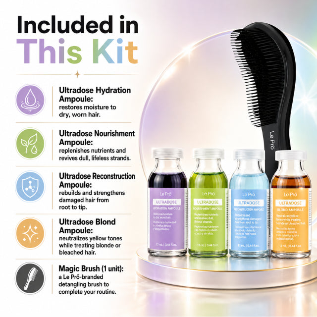 Le Prö Treatment Ampoules + Magic Brush Kit – Brazilian Hair Care Kit – 5-Piece Set