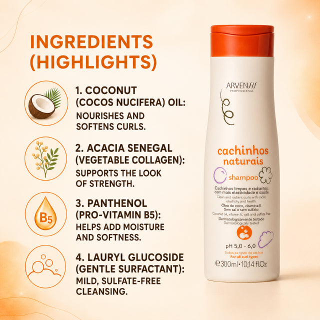 Arvensis Cachinhos Naturais Kids Shampoo – Sulfate-Free Gentle Cleansing for Curly Kids – 10.14 fl oz (300 ml)