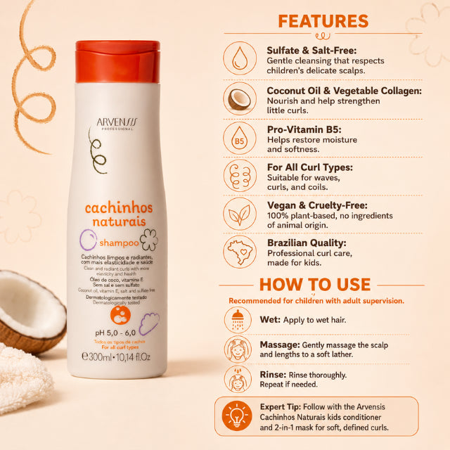 Arvensis Cachinhos Naturais Kids Shampoo – Sulfate-Free Gentle Cleansing for Curly Kids – 10.14 fl oz (300 ml)