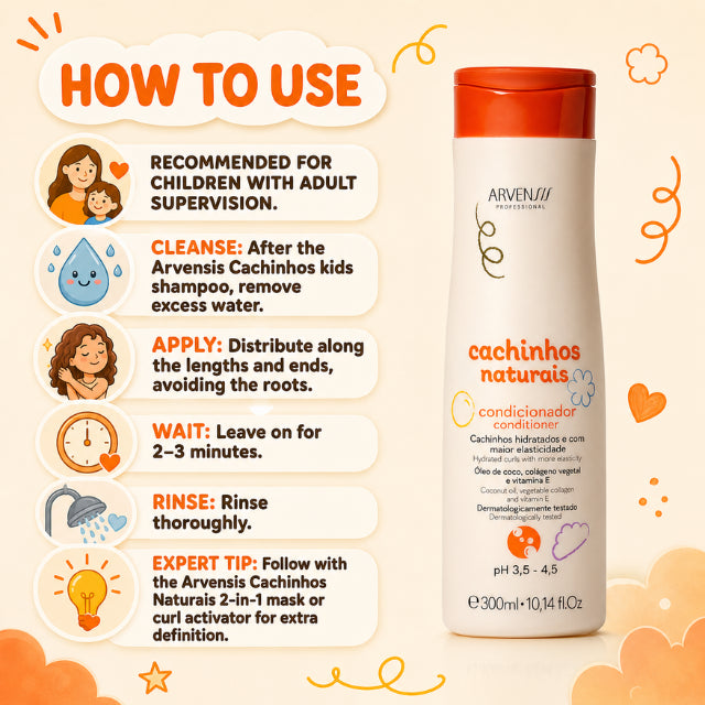 Arvensis Cachinhos Naturais Kids Conditioner – Coconut Detangling for Curly Kids – 10.14 fl oz (300 ml)