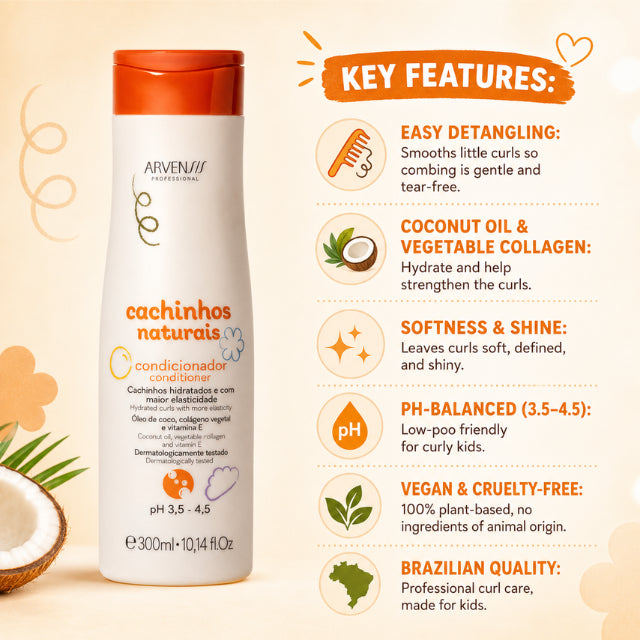 Arvensis Cachinhos Naturais Kids Conditioner – Coconut Detangling for Curly Kids – 10.14 fl oz (300 ml)