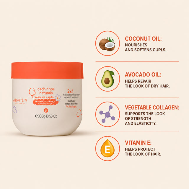 Arvensis Cachinhos Naturais Kids 2-in-1 Mask & Leave-In – No-Poo Curl Care – 10.58 oz (300 g)