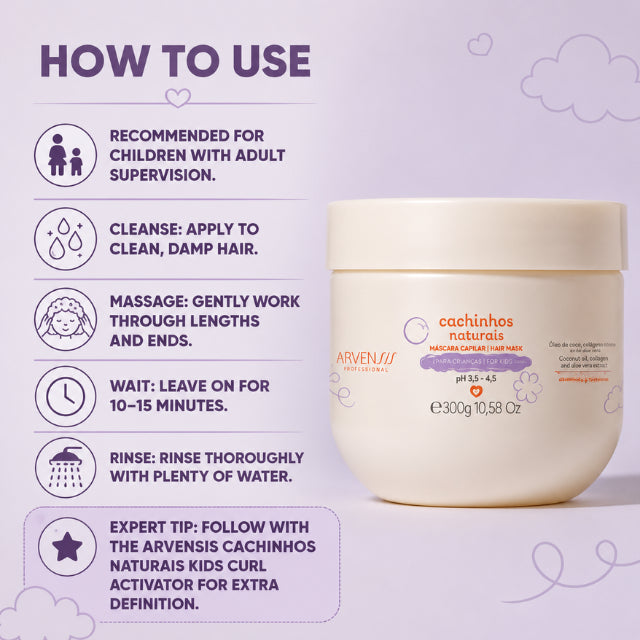 Arvensis Cachinhos Naturais Kids Wavy & Curly Hydration Mask – 10.14 fl oz (300 ml)