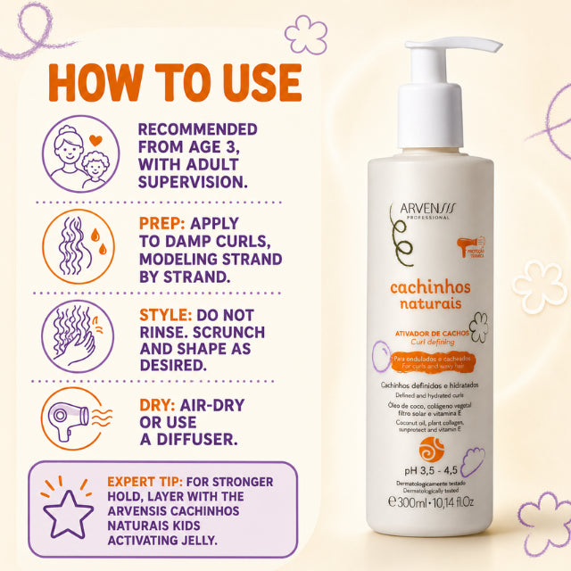 Arvensis Cachinhos Naturais Kids Curl Activator – Wavy & Curly Definition – 10.14 fl oz (300 ml)