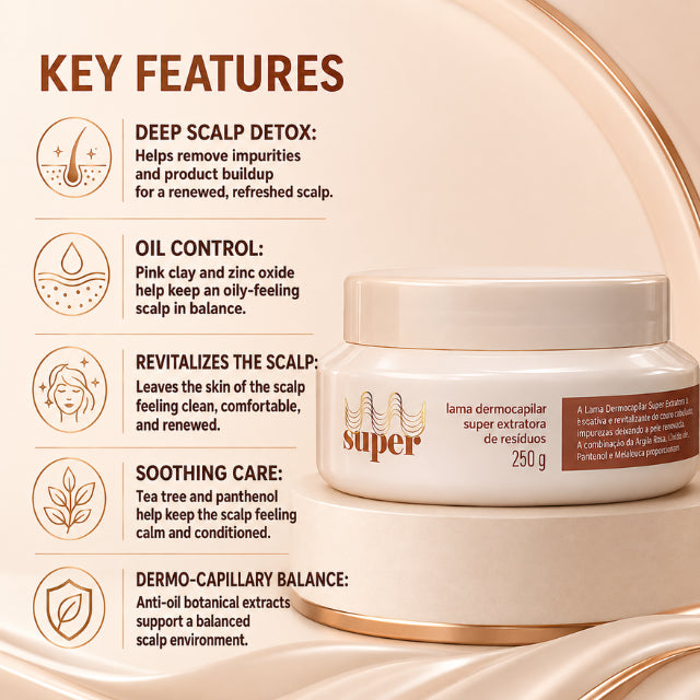 Super Cacheada Lama Dermocapilar Super Extratora de Resíduos Clarifying Scalp Detox Mud with Pink Clay 8.81 oz (250 g)