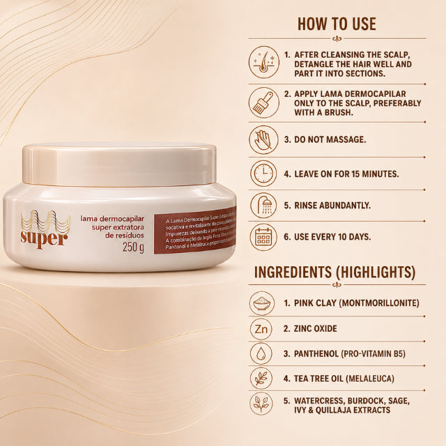 Super Cacheada Lama Dermocapilar Super Extratora de Resíduos Clarifying Scalp Detox Mud with Pink Clay 8.81 oz (250 g)