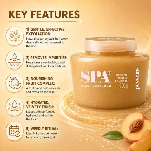 Super Cacheada Esfoliante Corporal Açucarado SPA Exfoliante Corporal de Sugar con Complejo de Frutas (Elige Aroma: Fresa o Durazno | 10.58 oz | 300 g)