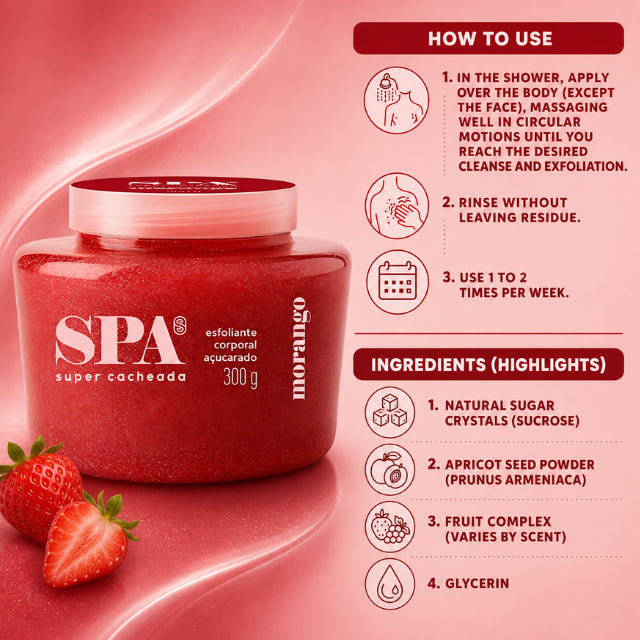 Super Cacheada Esfoliante Corporal Açucarado SPA Exfoliante Corporal de Sugar con Complejo de Frutas (Elige Aroma: Fresa o Durazno | 10.58 oz | 300 g)