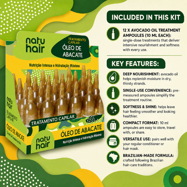 Ampollas de Tratamiento con Aceite de Aguacate NatuHair – Pack de 12 (12 x 10 ml)