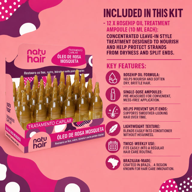 NatuHair Rosehip Oil Treatment Ampoules – Pack of 12 (12 x 10 ml)