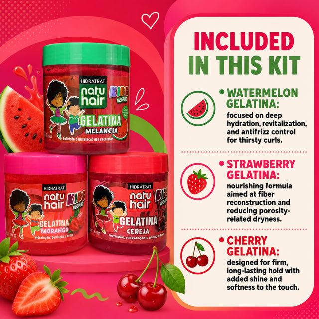 Kit NatuHair Gelatina de Frutas Rojas (Sandía, Fresa, Cereza) – 550 g