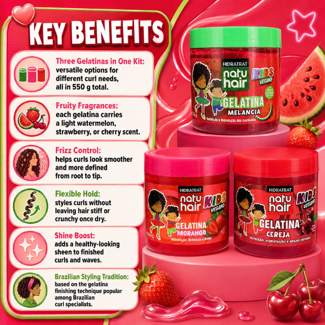 Kit NatuHair Gelatina de Frutas Rojas (Sandía, Fresa, Cereza) – 550 g