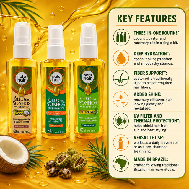 NatuHair Dream Oil Kit (Coconut, Castor and Rosemary) – 3 x 60 ml