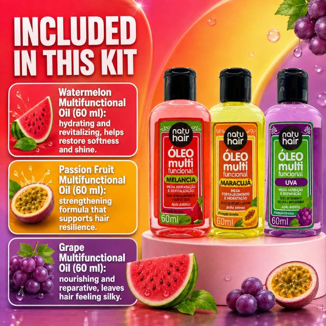 Kit NatuHair Aceite Multifuncional (Sandía, Maracuyá, Uva) – 60 ml