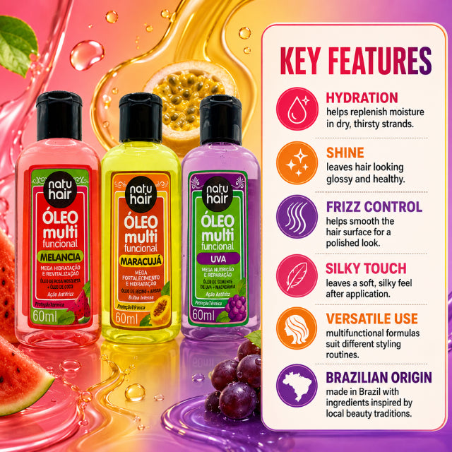 Kit NatuHair Aceite Multifuncional (Sandía, Maracuyá, Uva) – 60 ml